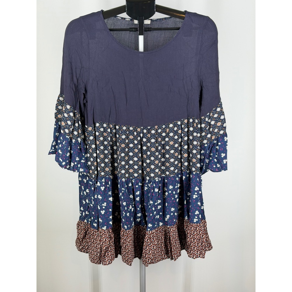 Easel Mixed Floral Patchwork Tiered Tunic Top Navy Blue Boho Bell Sleeve Rayon S